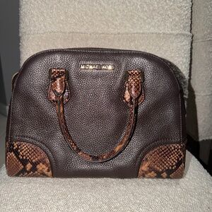 Rare Michael Kors Brown Pebbled Leather Satchel with Snake-Print Accents